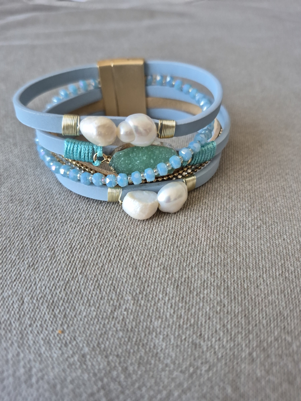 Blue Multi-Strand Pearl & Bead Wrap Bracelet